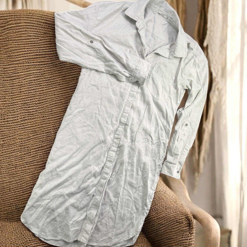 Prana Dress Women XS Gray Linen Blend Button Front Long Shirt Tunic Casual Boho
